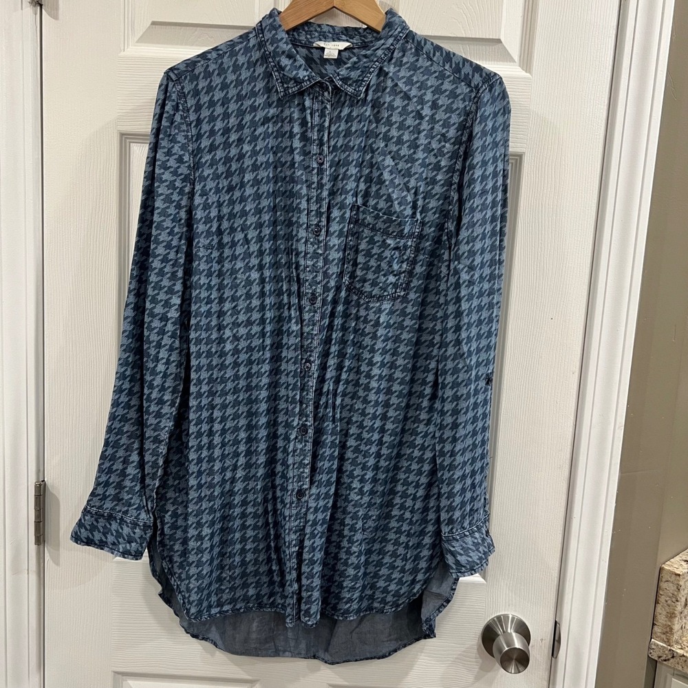 Cato Est 1946 Blue Houndstooth Tencel Rayon Roll Tab Sleeve Tunic Top Large